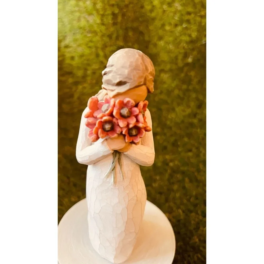Willow Tree Style Woman Holding Flowers Figurine with Floral Bouquet
